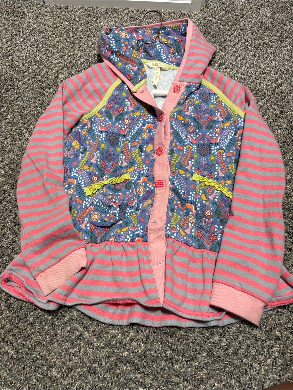 Girls' Pink Striped Hooded Button-Up Top with Floral Panels and matching bottoms
